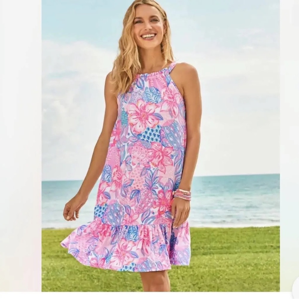 Brand NWT Lilly Pulitzer Saira Halter Dress | Sz XXL | Pink Isle Snappy Turtle